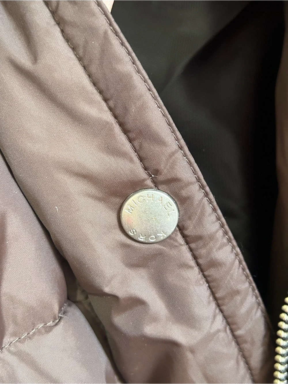Michael Kors Dark Brown Quilted Puffer Coat with Black Collar